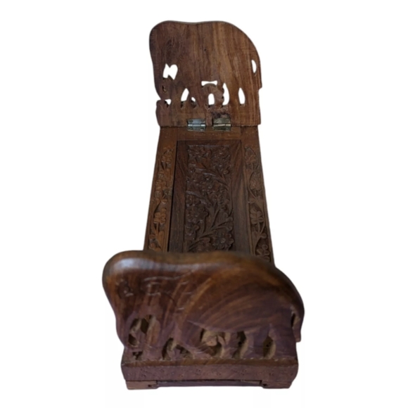 Vtg Ornate Handcarved Elephant Wood Slide Expandable Bookrack Ends Shelf India - Picture 3 of 16